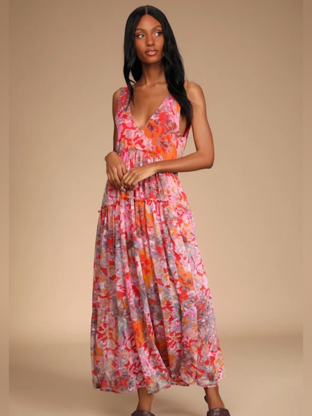 Free People Julianna Red Multi Tiered Ruffled Maxi Dress